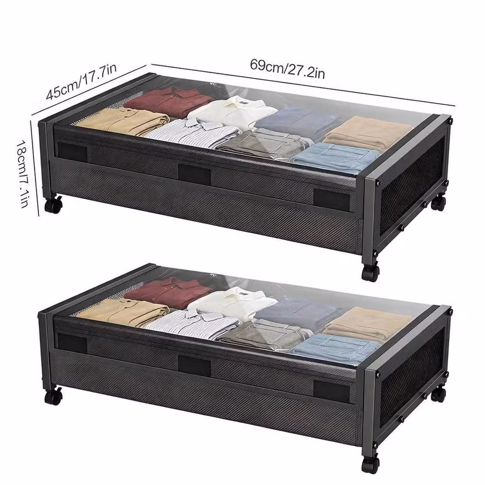 PAWNORA 2x Large Underbed Storage Boxes with Wheels in Black Matt Metal – 2