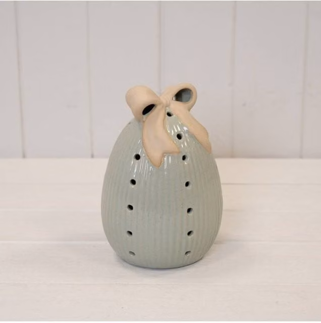KDMD Large Sage Green Ceramic Easter Egg with Bow and LED Timer