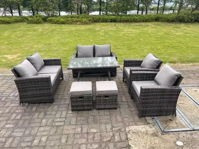 Fimous 8 Seater Dark Grey Rattan Outdoor Dining Set with High Back Sofa, Chairs and 2 Stools – 1