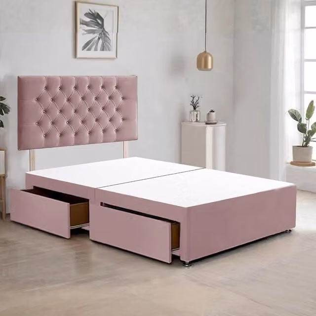 Bed Time UK Plush Velvet Divan Bed Frame with 2 Drawers and 20 inch Chesterfield Headboard in Pink, W/D/H: 120 x 200 cm