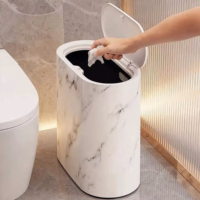 KORVIXA White Slim Narrow Bathroom Trash Can with Flip Lid, Height: 100 cm – 1