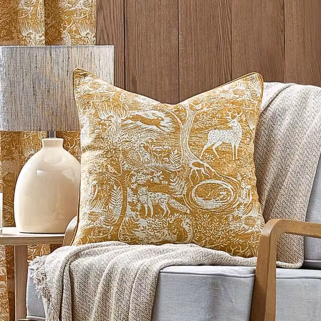 Winter Woods Animal Chenille Cushion in Ochre and Feather Yellow