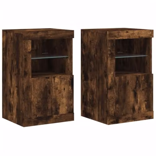 vidaXL Set of 2 Modern Side Cabinets in Smoked Oak with Integrated LED Lighting and Glass Doors