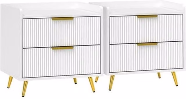 NESTLUNE Set of 2 White and Gold Glossy Bedside Tables with 2 Drawers