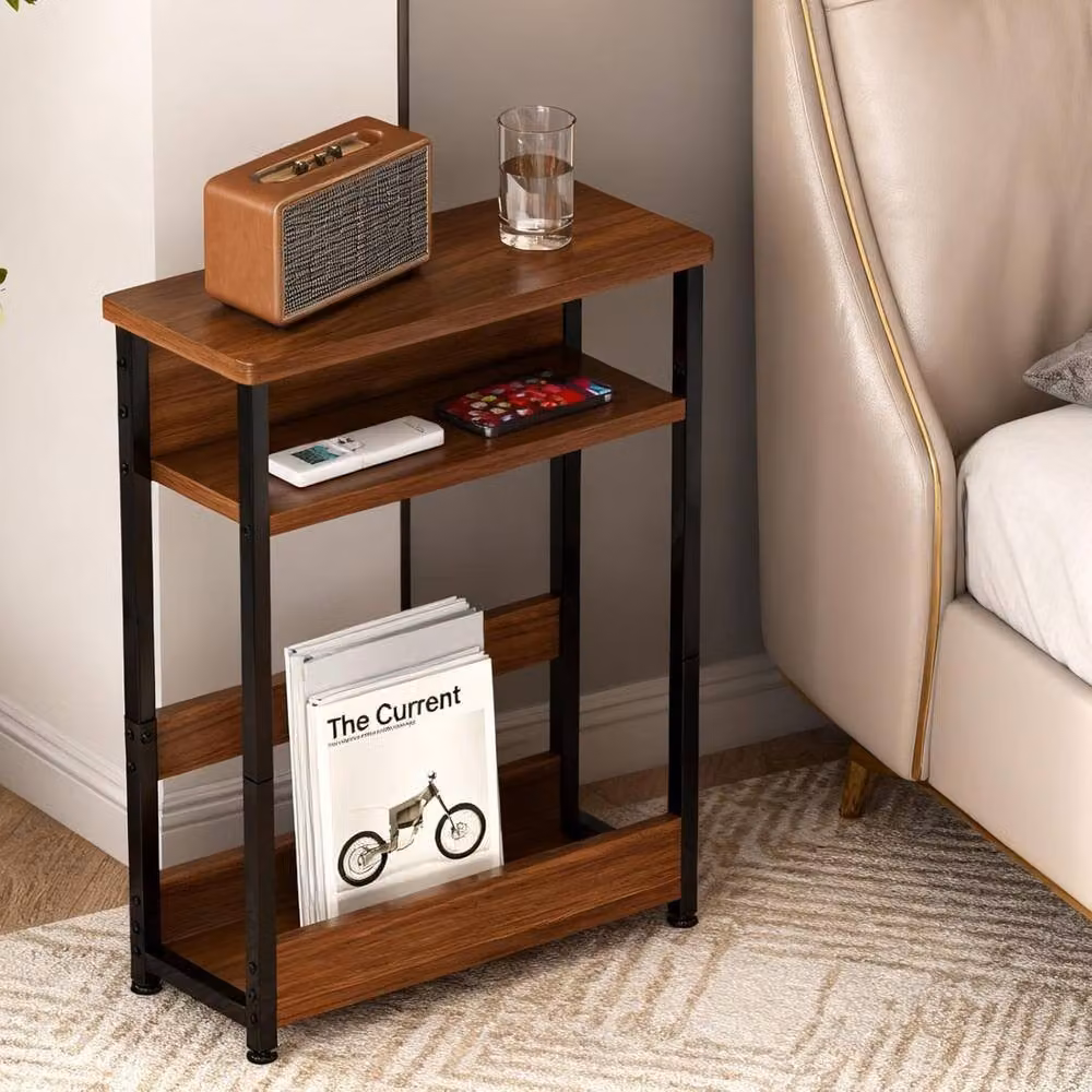 London Boutique 3-Tier Narrow Side Table with Magazine Rack in Walnut and Black – 7