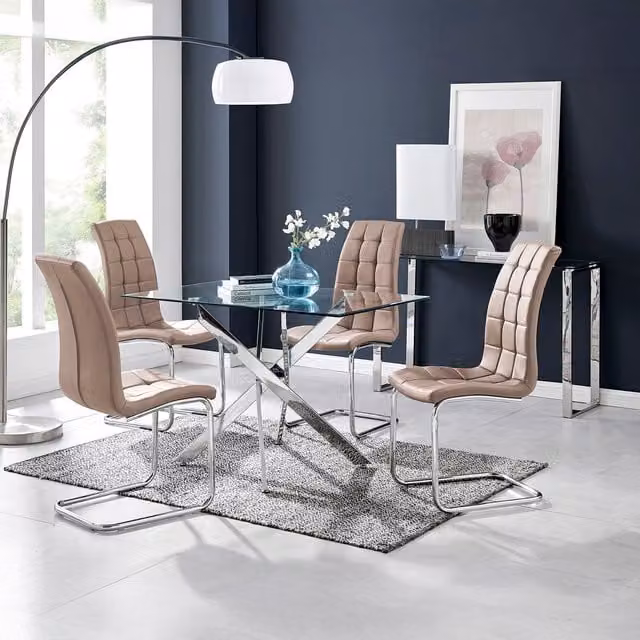 FurnitureboxUK Leonardo Dining Table and Four Murano Chairs Set with Glass Top, Cappuccino