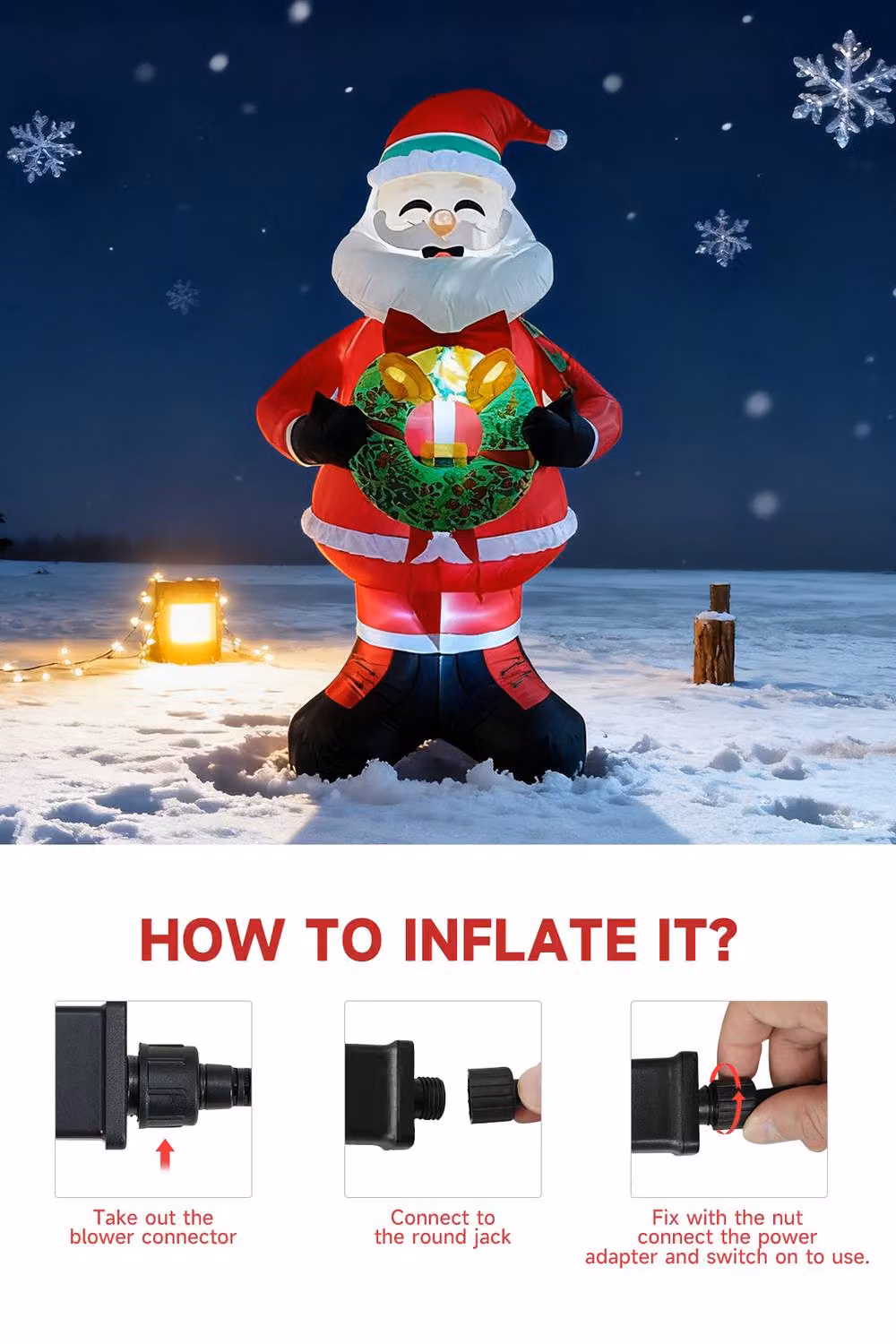 Living and Home Lighted Christmas Inflatable Santa Holding Wreath Decoration, Red, Height: 240 cm – 4