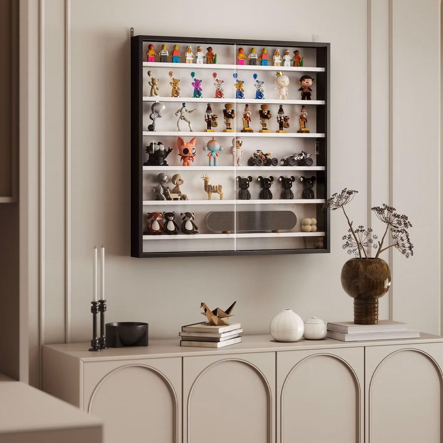 HOMCOM 7-Tier Wall Mounted Display Cabinet with Glass Doors and 6 Adjustable Shelves in Black and White – 7