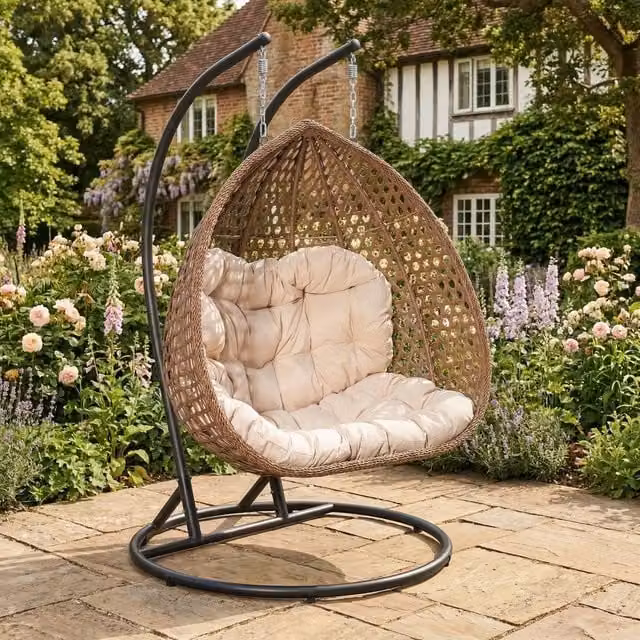 Rosewood & Stone Home Bodiam Double Egg Chair in Brown and Beige, 2 Seater W/D/H: 190 x 130 x 130 cm