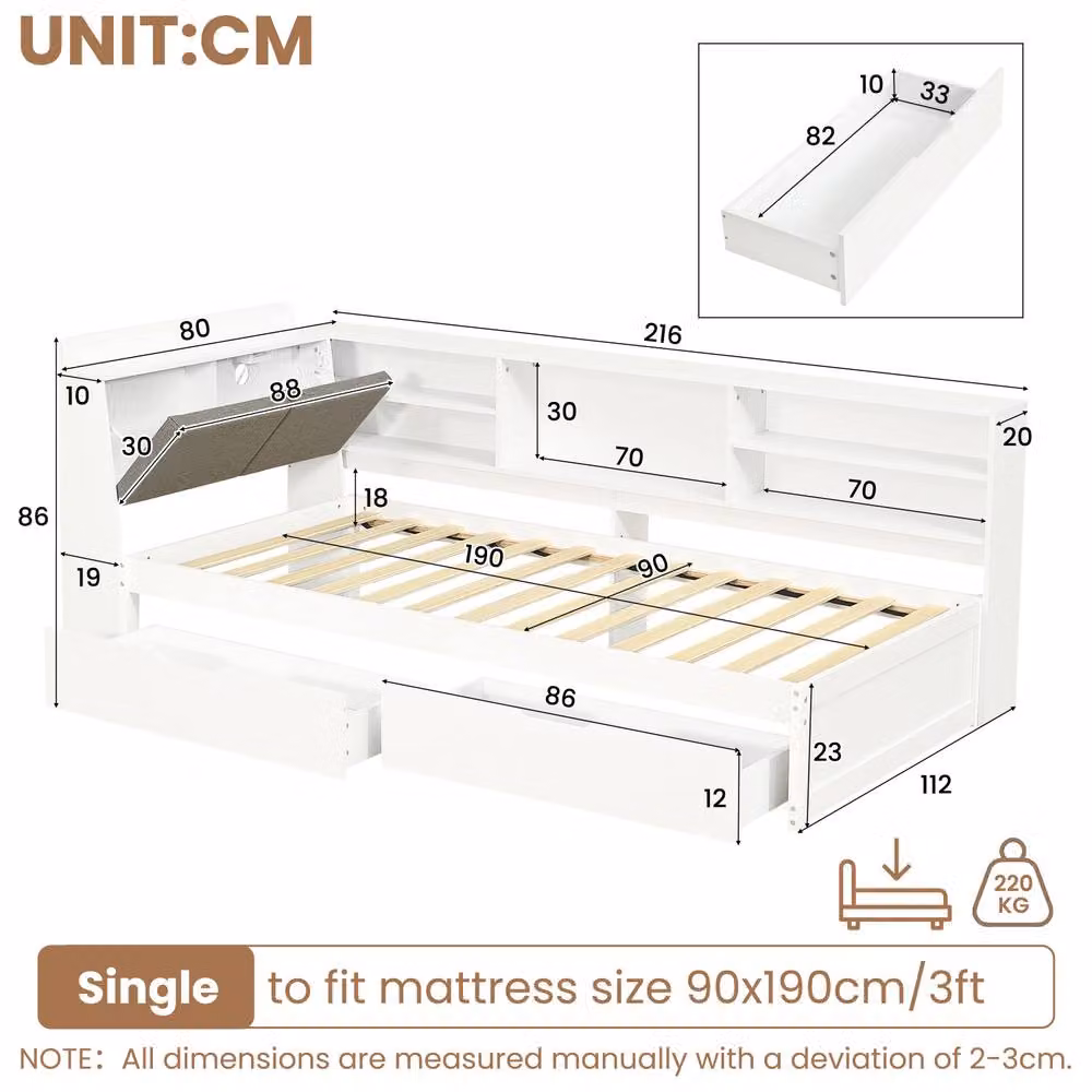 ModernLuxe L-shaped single daybed in white with drawers, bookcase, storage headboard, and USB charging port, W/D/H: 220 x 90 x 112 cm – 5