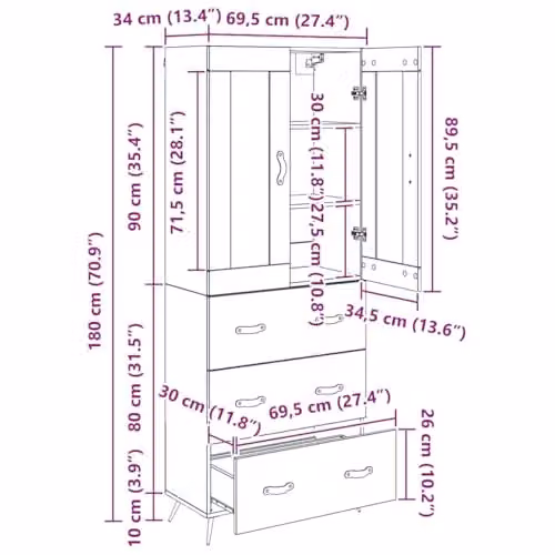 vidaXL Modern Tall Highboard in Black, W/D/H: 69.5 x 34 x 180 cm – 3