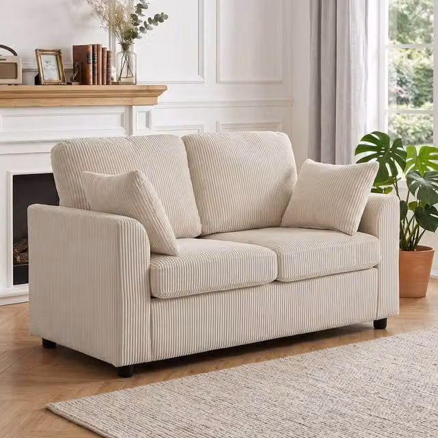 HOMCOM 2 Seater Corduroy Sofa in Beige with Mixed Padding and Scatter Cushions
