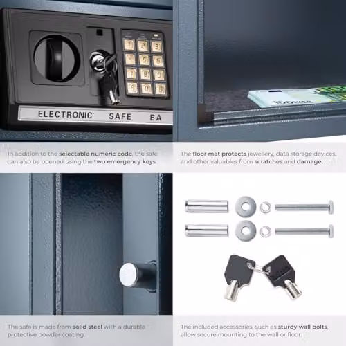 tectake High Security Electronic Digital Safe with Combination Lock, LED Display and Emergency Keys, Black, W: 20 cm, D: 31 cm, H: 22 cm – 5