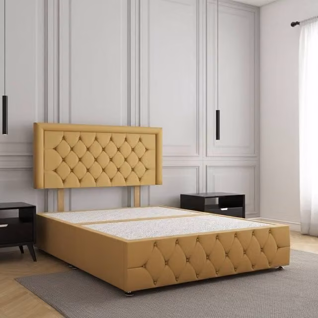 REGIONAL FURNISHINGS King Size Mustard Yellow Plush Velvet Divan Bed with 24 inch Headboard and Footboard, W/D/H: 180 x 200 cm