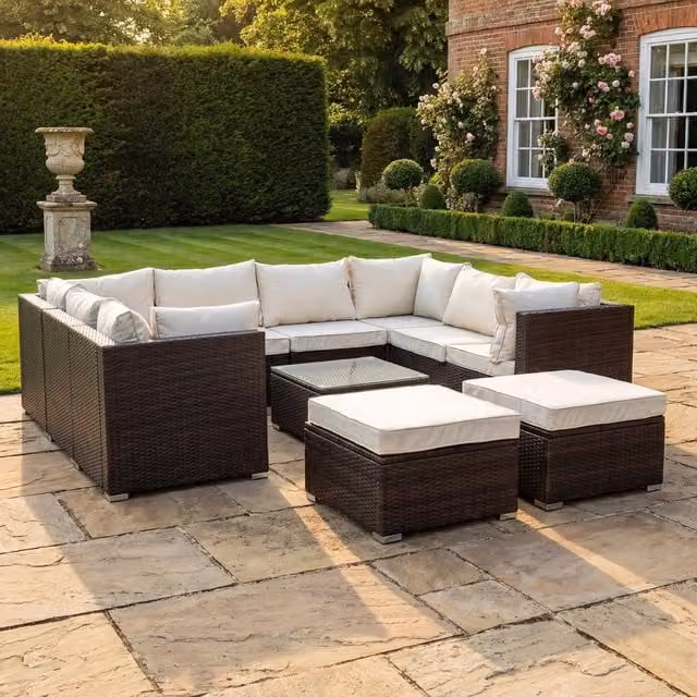 Rosewood & Stone Home Stowe 10 Seat Small U-Shape Modular Garden Furniture Set in Cream and Brown