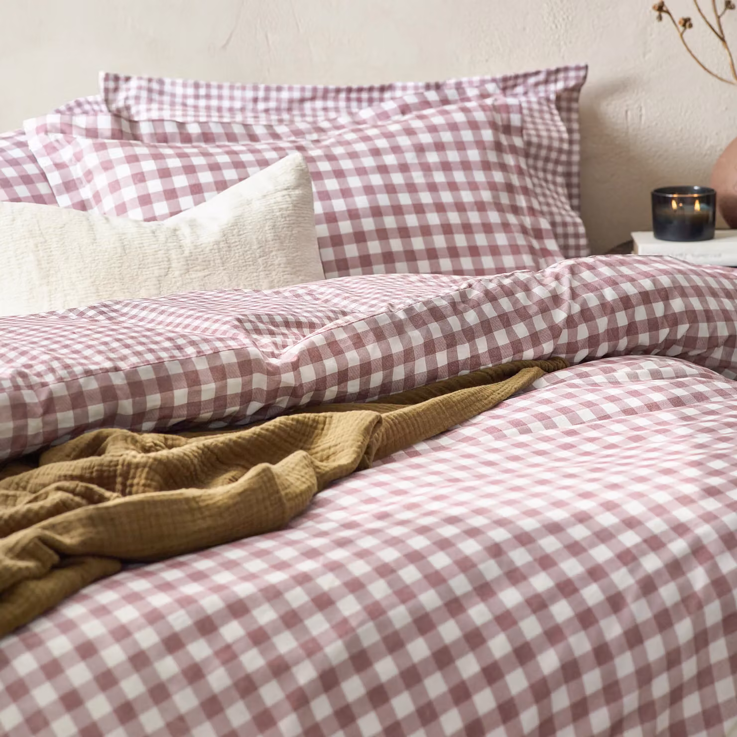 Yard Barton Reversible Gingham Check Cotton Duvet Cover and Pillowcase Set, Purple/Red, Single – 2