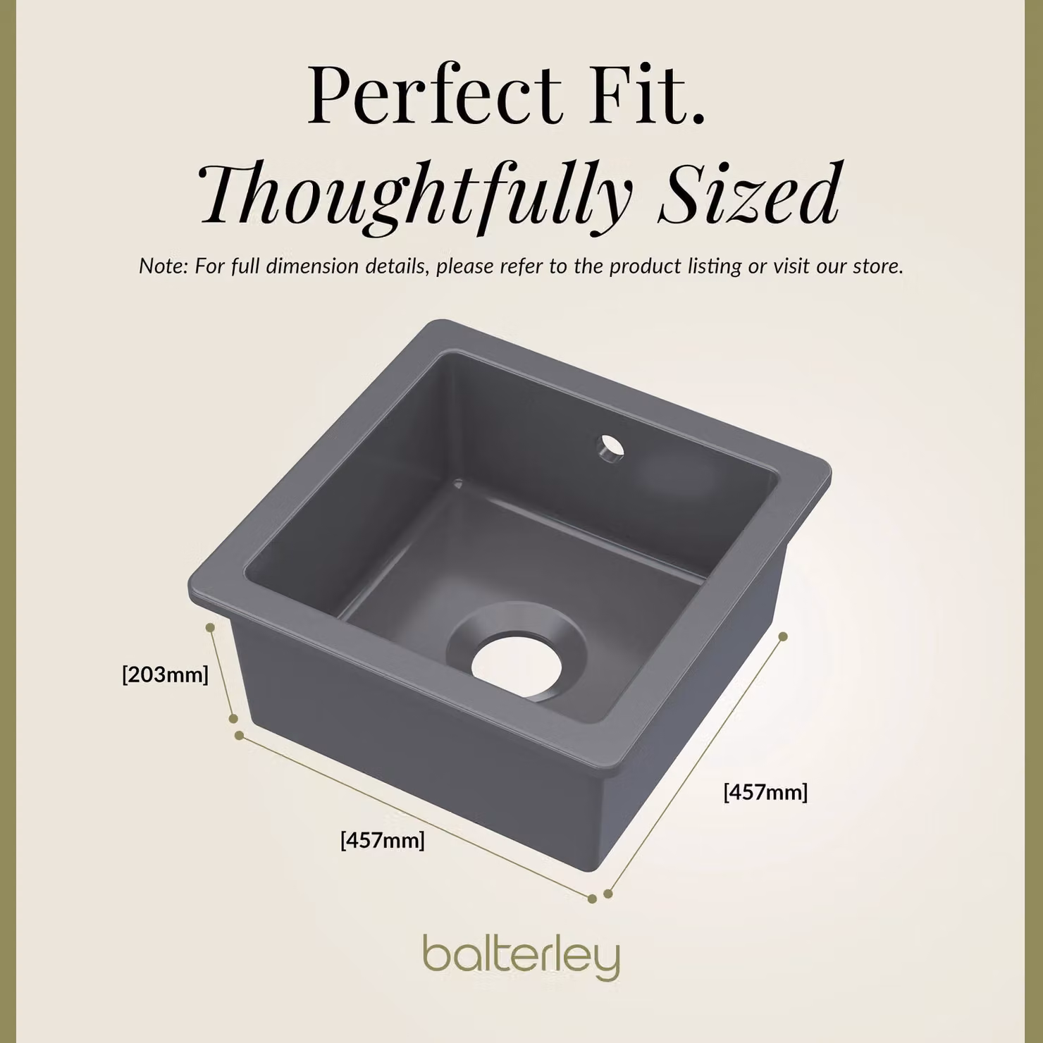 Balterley Ceramic 1 Bowl Undermount Kitchen Sink with Overflow, Dark Grey, W: 45.7 cm – 4