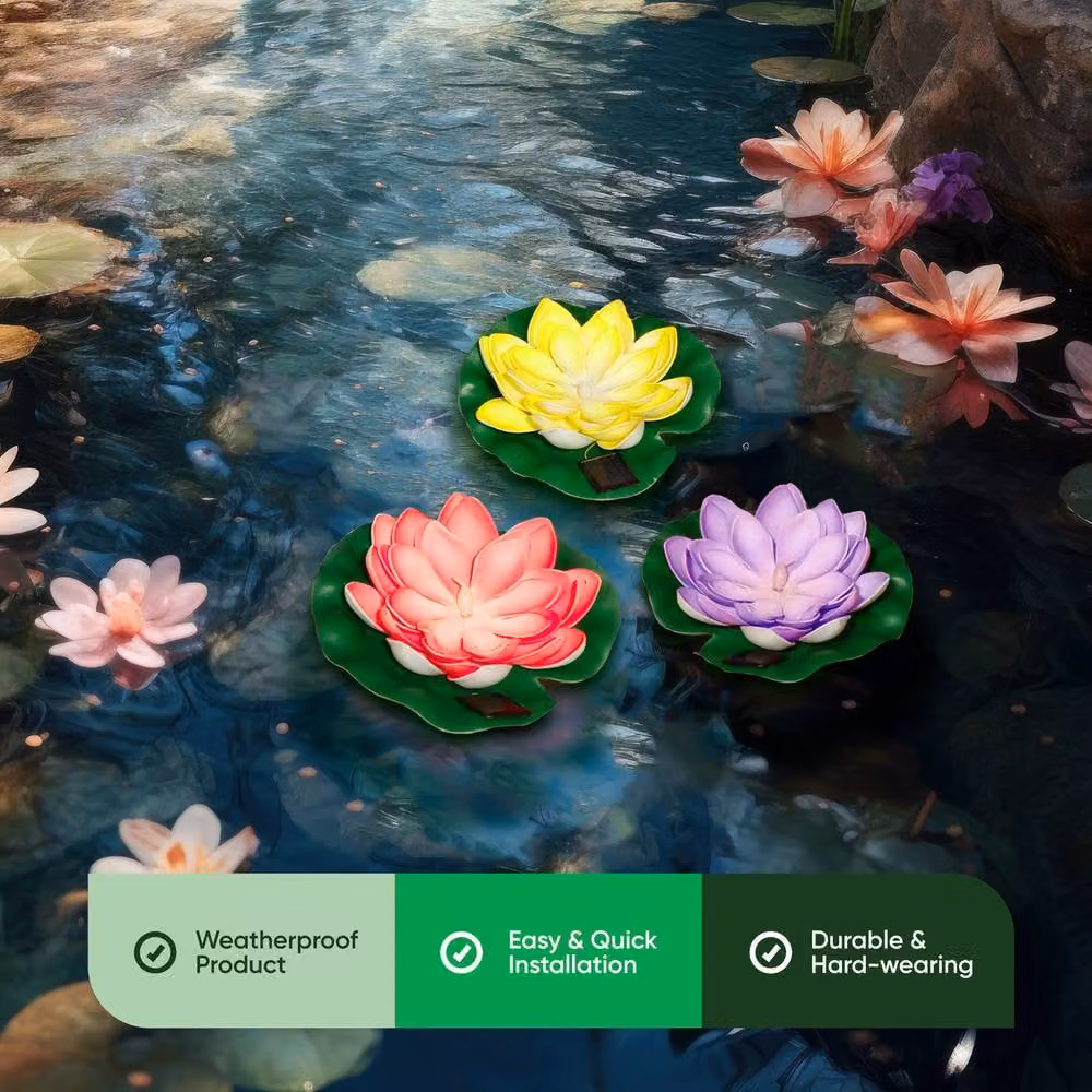 Gardenwize Pack of 3 Solar Floating Lotus Pond Lights, Warm White LED Outdoor Water Feature Lights – 2