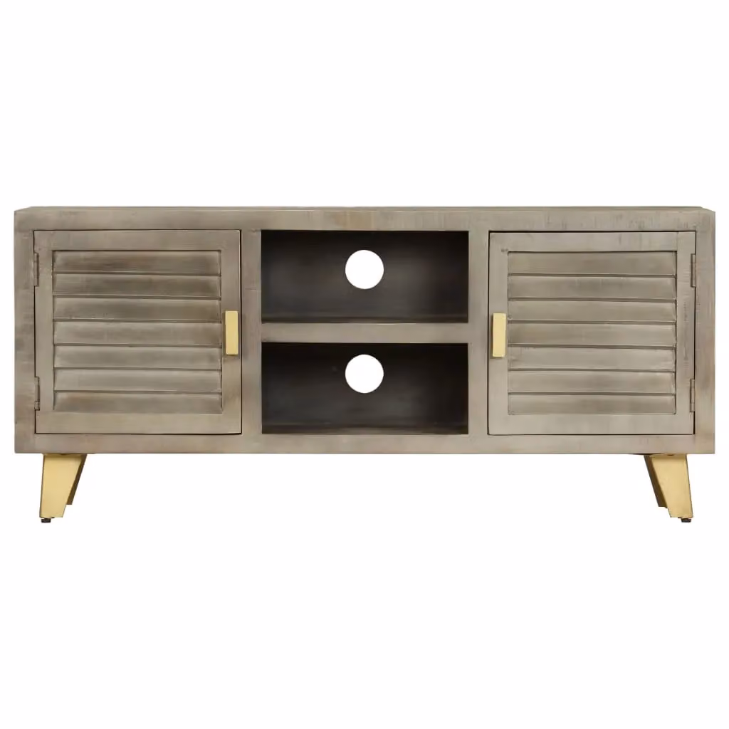 Berkfield Home Solid Mango Wood TV Cabinet in Grey with Brass Details, W/D/H: 110 x 30 x 48 cm – 2