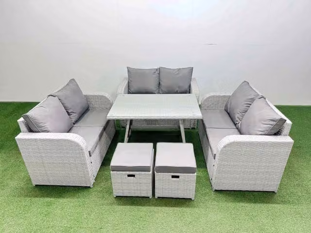 Fimous 8-Seater Patio Set with Rectangular Table, Love Sofa and 2 Small Stools in Light Grey