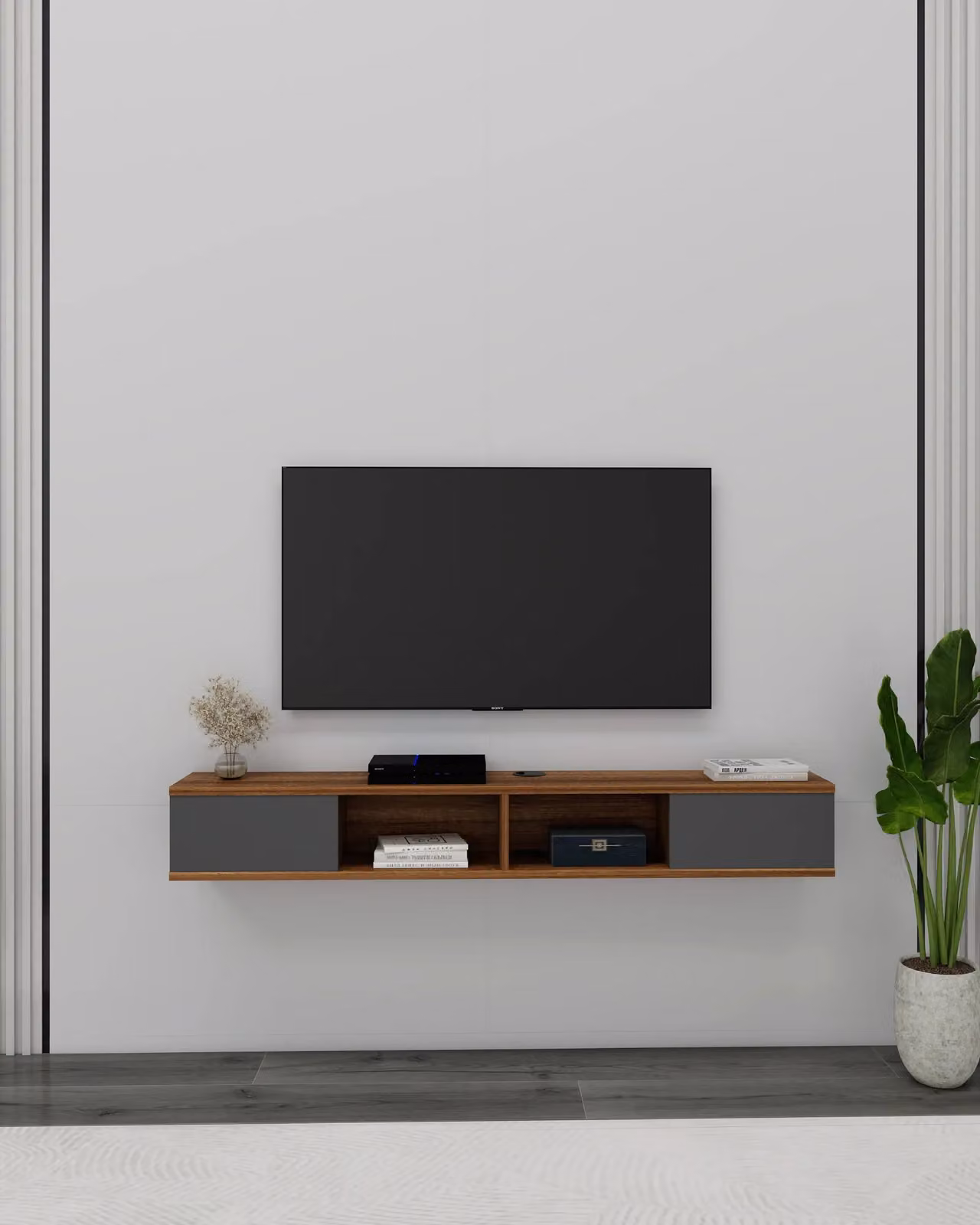 Destina Home Mayer Floating TV Stand with Shelves and Cabinets in Brown, W/D/H: 140 x 22 x 17 cm – 3