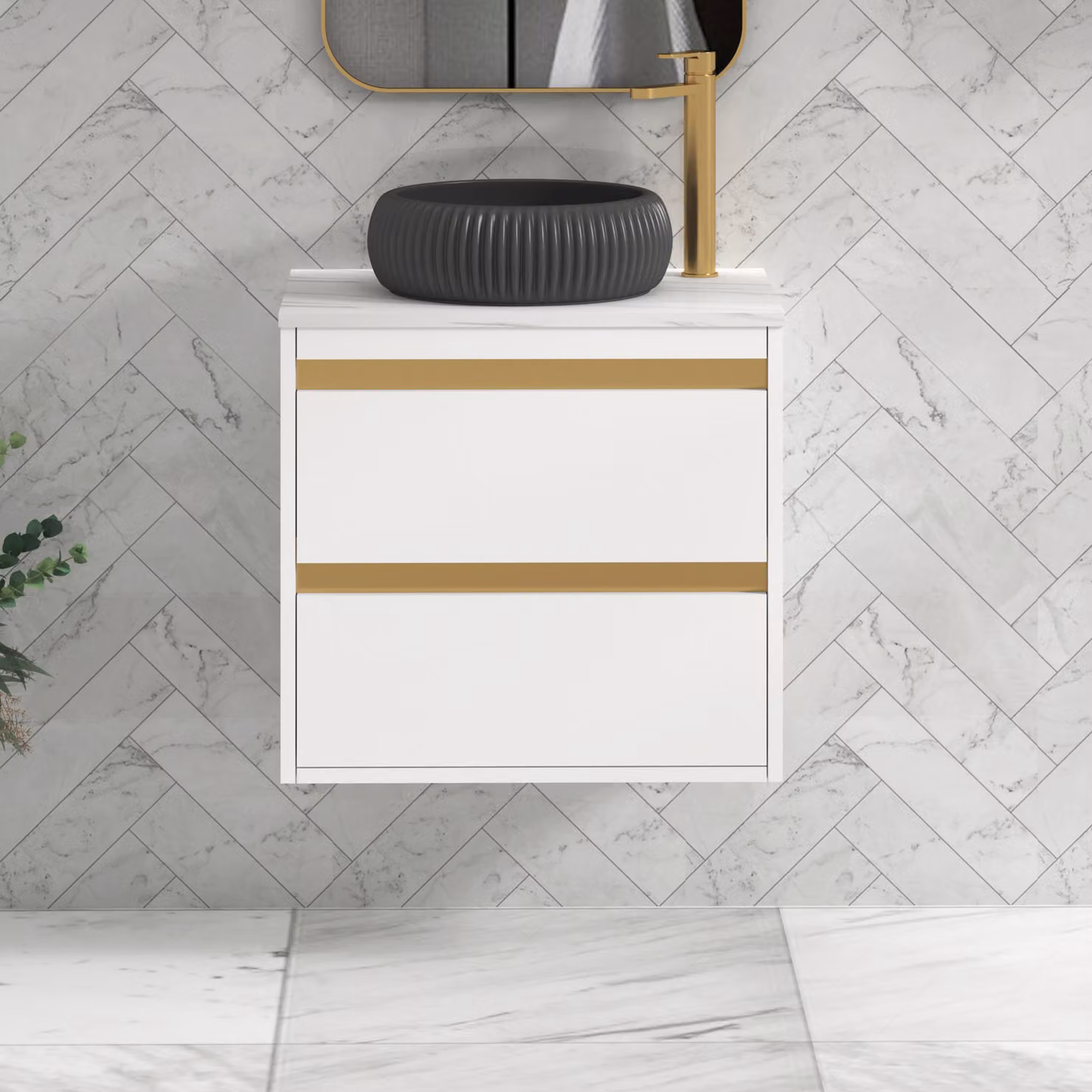 Royal Bathrooms Orion 800mm Matt White Wall Hung 2 Drawer Vanity Unit with Milan Black Basin and Brushed Brass Accent Trim