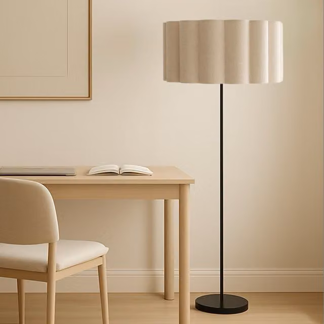 CGC Lighting Lena Matt Black Straight Floor Lamp with Large Scalloped Fabric Lampshade in Beige