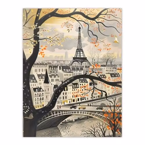 Artery8 Vintage Autumn in Paris Cityscape Eiffel Tower Unframed Paper Wall Art Poster, Multicolour