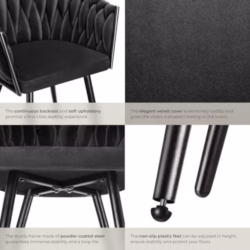 tectake Set of 6 Astano Dining Chairs in Black Velvet with Metal Legs and Knot Design – 6