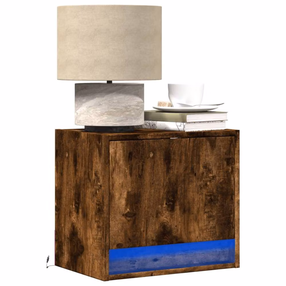 Berkfield Home Set of 2 Wall-mounted Bedside Cabinets with Integrated LED Lights in Smoked Oak Brown – 2