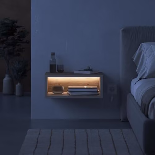 Decortie Brik Modern Floating LED Bedside Table in Brown Oak and Sandstone, W: 45 cm, H: 30 cm, D: 18 cm – 2
