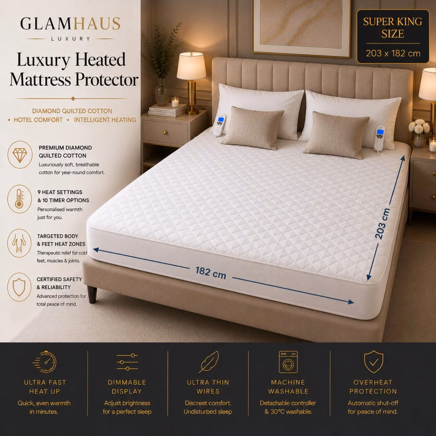 Glamhaus White Super King Heated Fitted Mattress Cover Electric Blanket W/D/H: 180 x 200 cm – 2