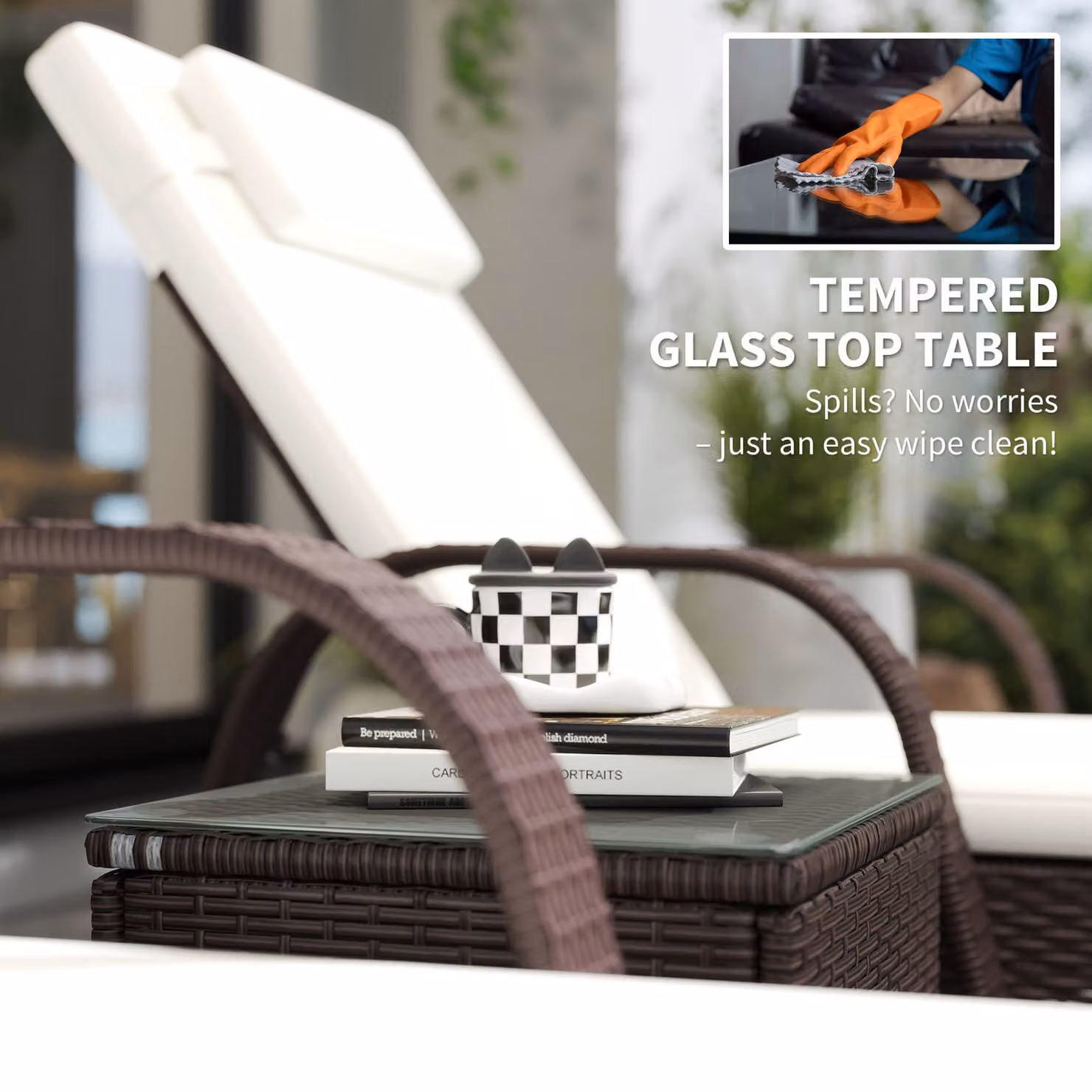 Outsunny 3 Piece Brown PE Rattan Patio Lounge Chair Set with Cushions and Castors – 7