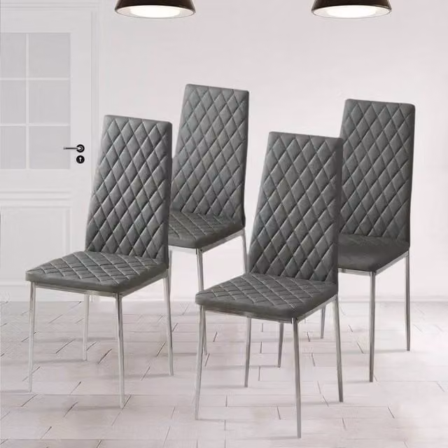 KORVIXA Set of 4 Grey PU Leather High Back Dining Chairs with Metal Legs – 1