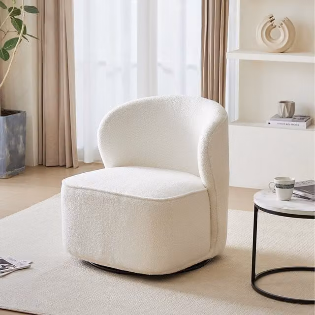 Livingandhome Modern White Bouclé Fabric Swivel Tub Accent Chair with Armrests