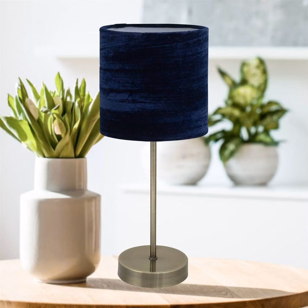 First Choice Lighting Set of 2 Antique Brass Stick Table Lamps with Blue Fabric Shades – 3