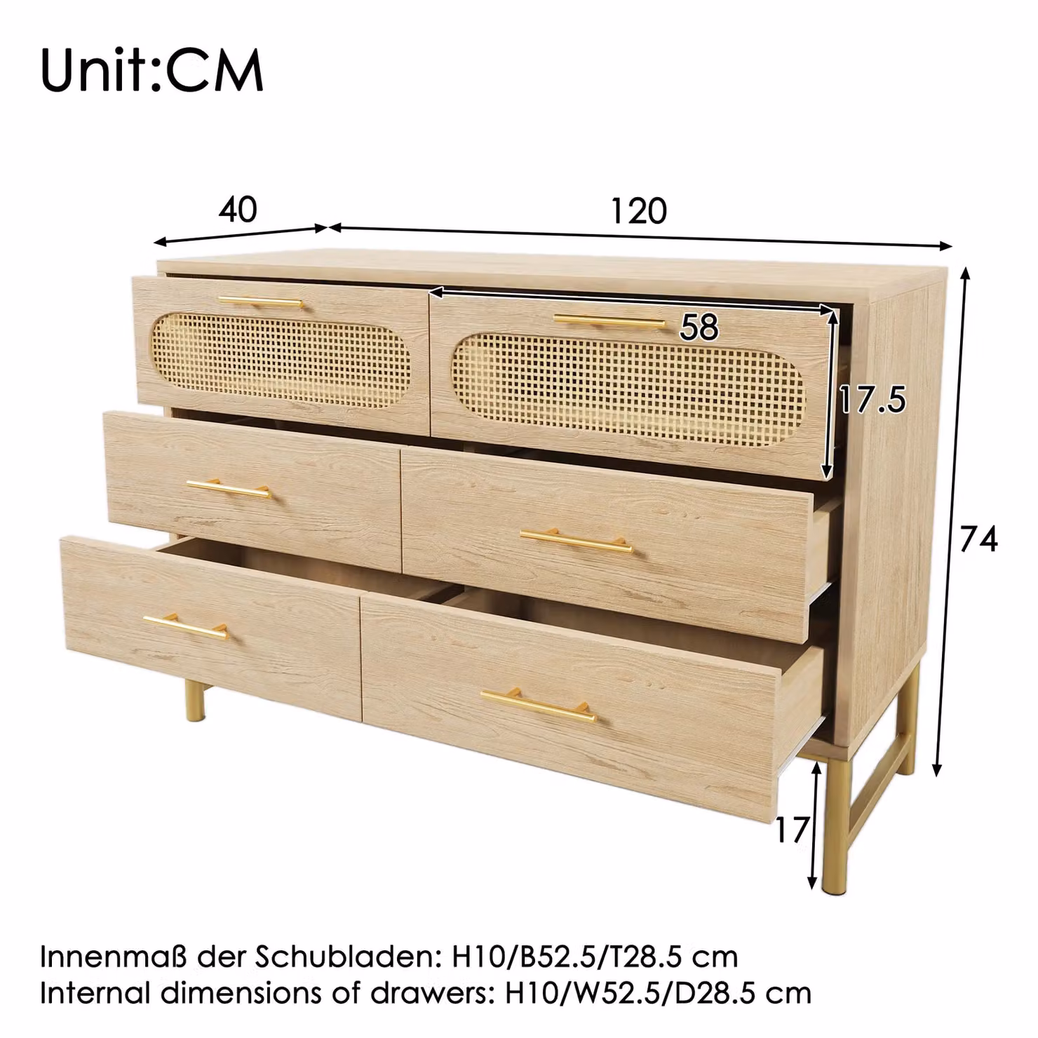 Matteo Rattan Sideboard Storage Cabinet with 6 Drawers in Light Oak and Brown, W/D/H: 120 x 40 x 74 cm – 2