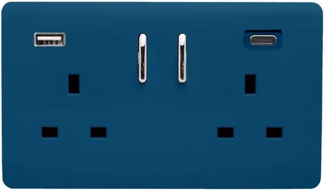 Trendi 2 Gang 13 Amp USB Switch Plug Socket with Type A and C Ports, Midnight Blue