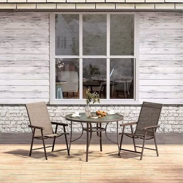 Livingandhome Modern Round Glass Garden Table and 2 Foldable Chairs Set in Brown