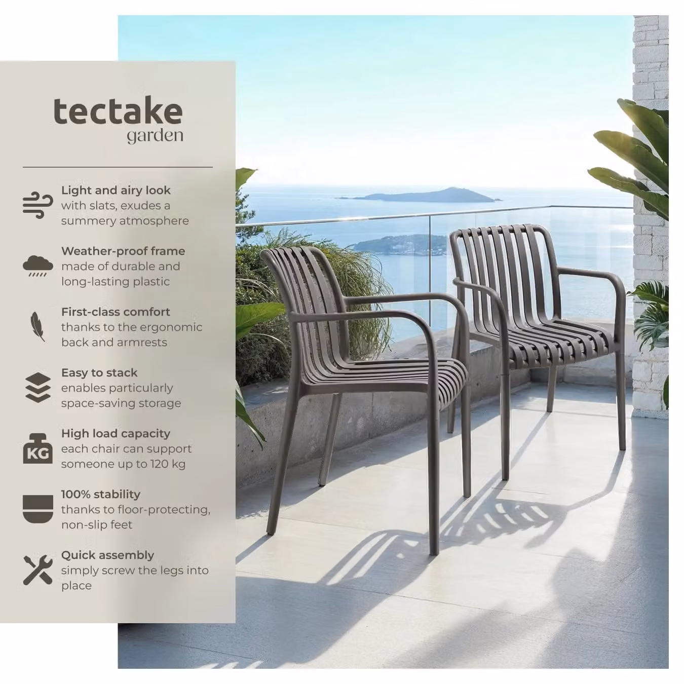 tectake Set of 2 Anthracite Garden Chairs with Armrests in Weather-Resistant Plastic – 2