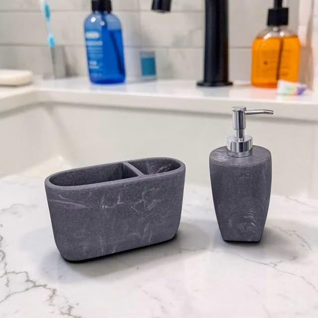 Showerdrape Octavia Grey Bathroom Accessory Set with Soap Dispenser and Toothbrush Holder – 1