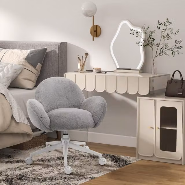 HOMCOM Fluffy Upholstered Task Chair for Home Office and Bedroom, Grey and White