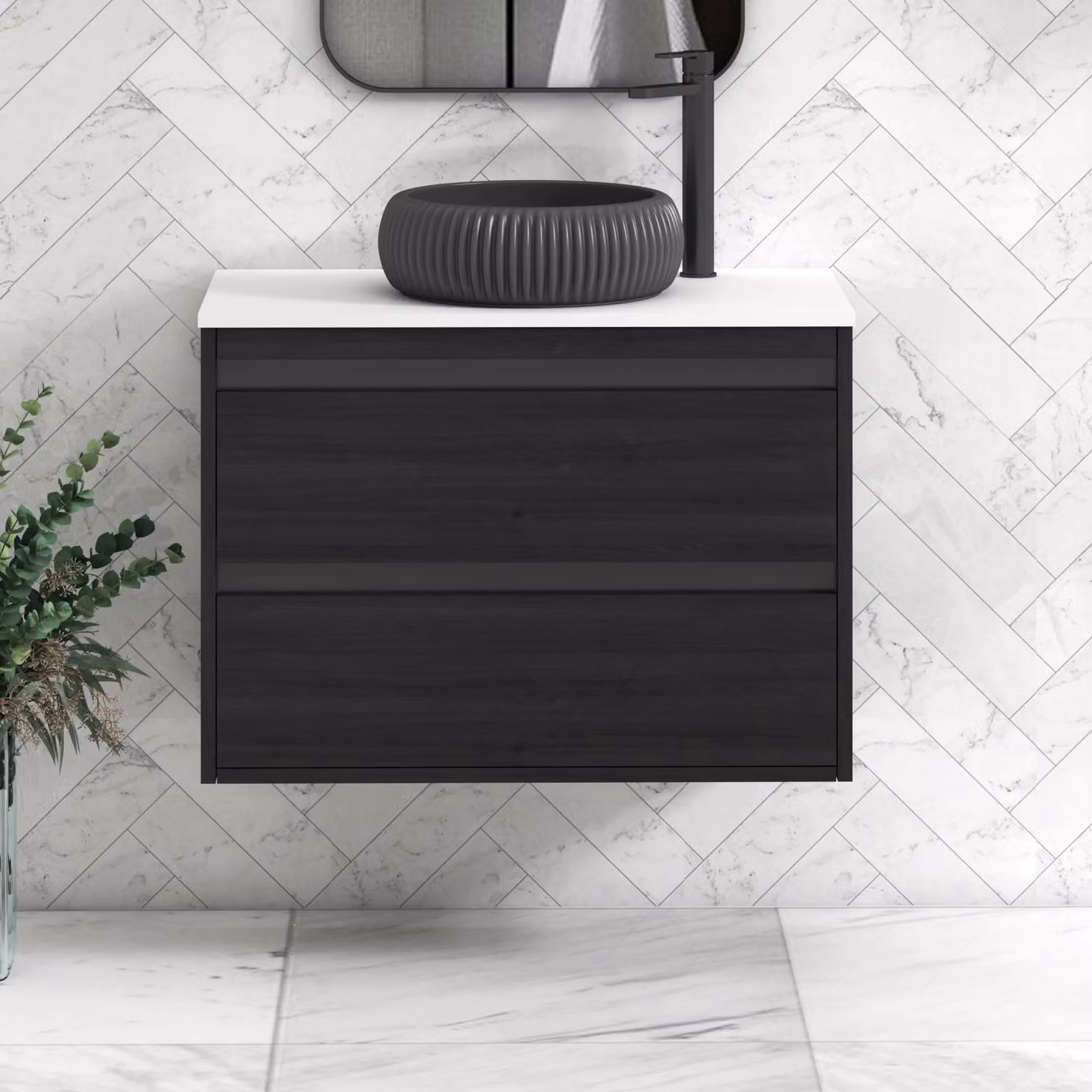 Royal Bathrooms Orion 800mm Wall Hung Vanity Unit with Milan Black Basin and 2 Drawers, White and Black