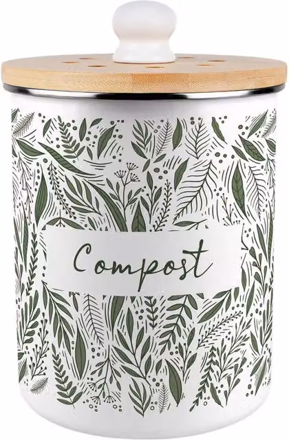 Purely Home Pretty Green Leaves Metal Compost Caddy with Flip Lid, 2L, Green