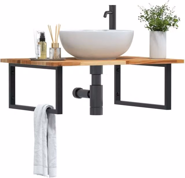 Berkfield Home Wall Mounted Basin Shelf in Brown Acacia Wood and Steel – 1