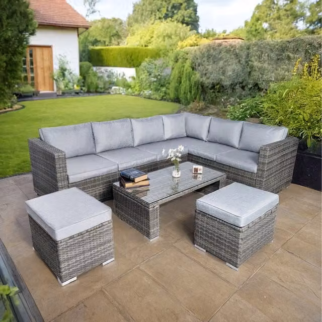 RayGar Deluxe 7 Seater Rattan Corner Garden Furniture Patio Set in Grey