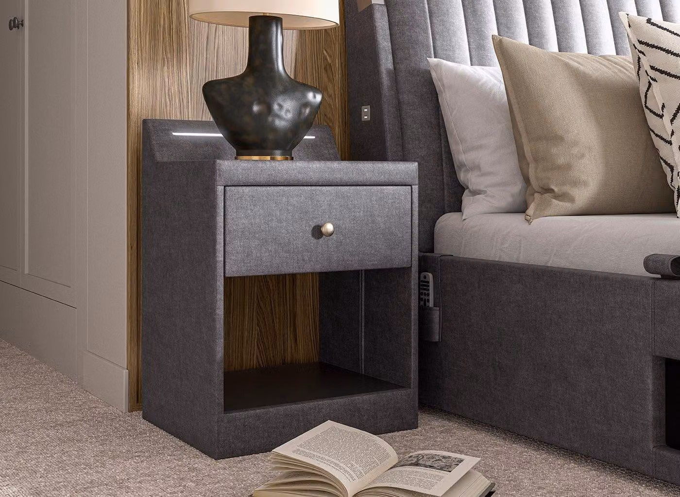 Dreams Yokohama Upholstered Bedside Table with Integrated Lighting and USB Charging in Grey