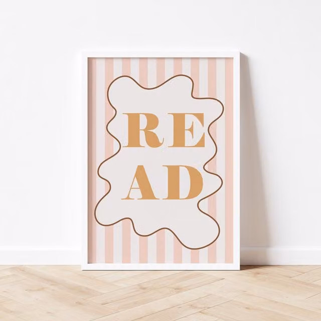 Autumns Corner Read Print Stripy Edition Typography Paper Poster in Pink and Mustard, A3