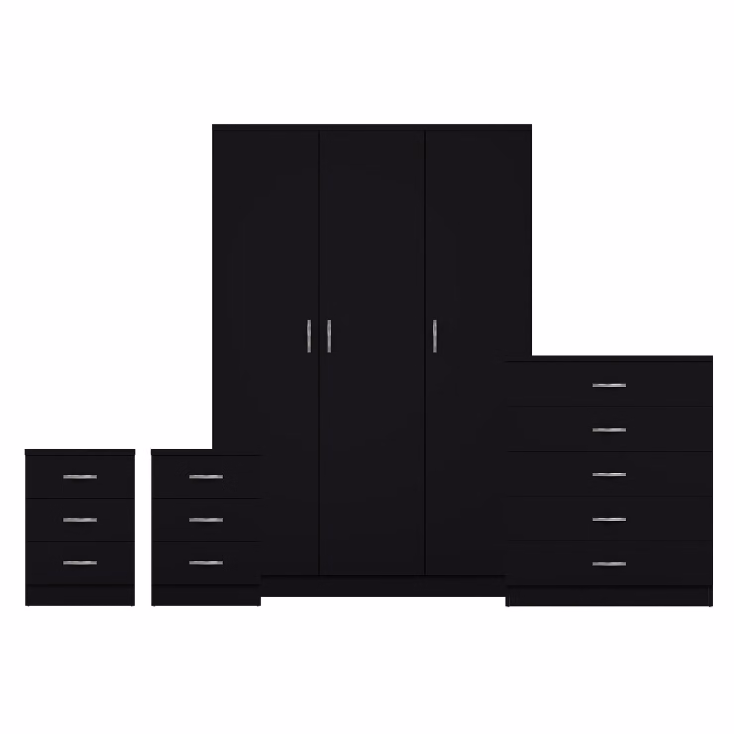 Vida Designs 4 Piece Modern Black Bedroom Set with 3 Drawer Wardrobe, 5 Drawer Chest and 2x3 Drawer Bedside Tables – 2