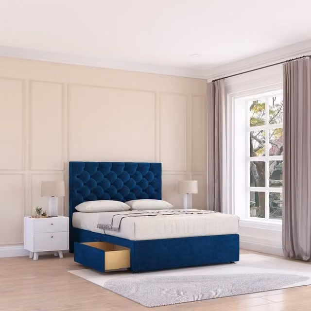 Sloomy Mayfair Plush Velvet Memory Foam Bed Set with 4 Drawers, Mattress and Headboard in Navy Blue, Size: Small Double